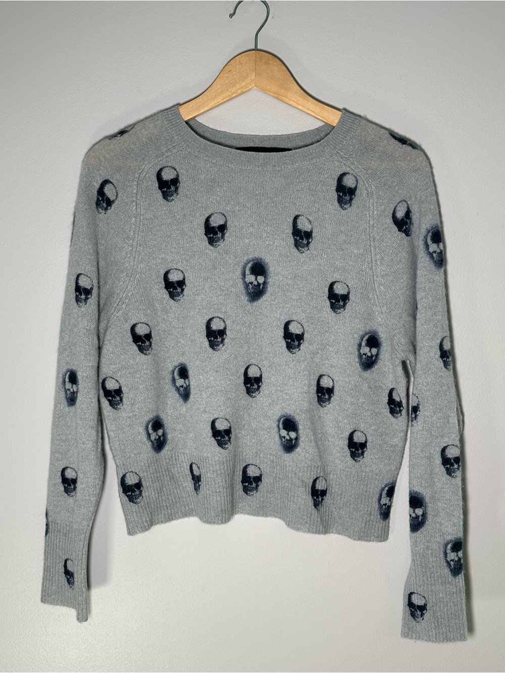 Skull Cashmere Light Gray Crewneck Sweater with Black Skull Pattern Size XS